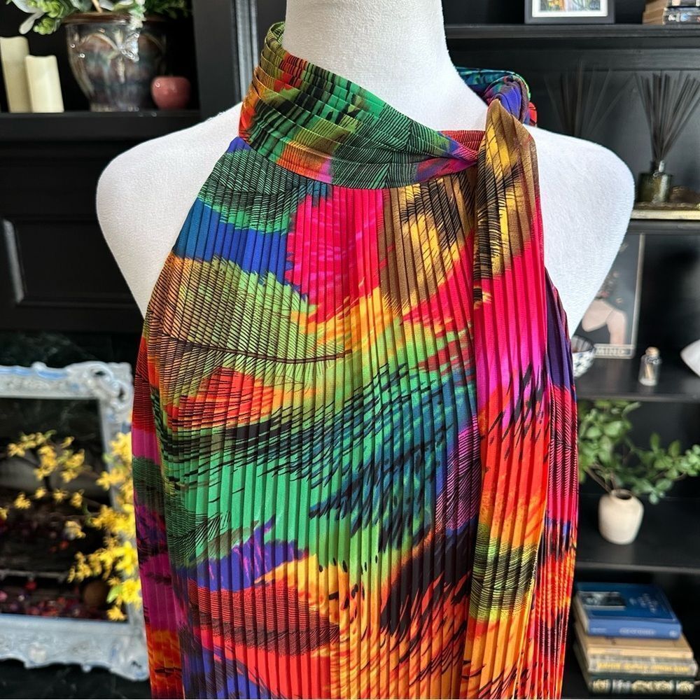 Oleg Cassini Multi‑Colored Tropical Pleated Dress • Size 12 • Vibrant Resort Vib - Picture 4 of 12